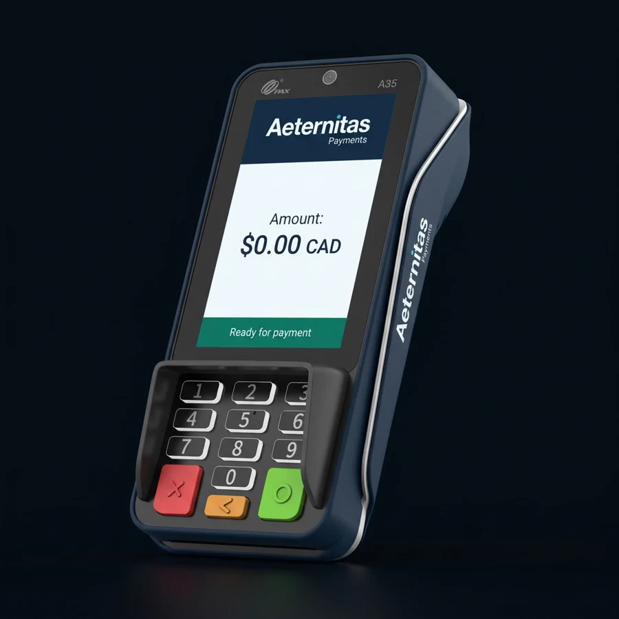 Terminal de paiement PAX A35 aux couleurs d’Aeternitas