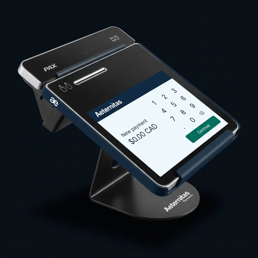 Terminal de paiement PAX A3700 aux couleurs d’Aeternitas