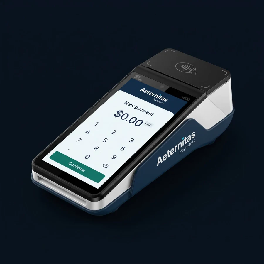 Terminal de paiement PAX A800 aux couleurs d’Aeternitas