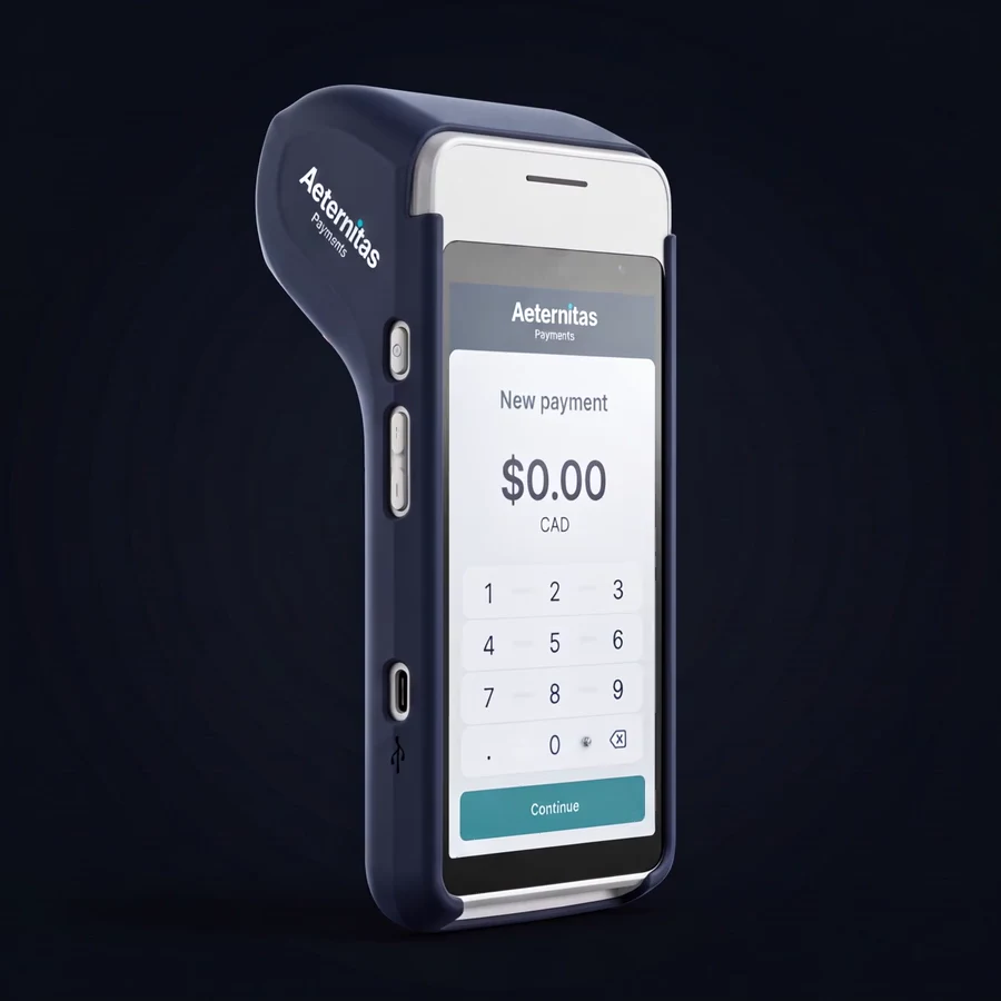 Terminal de paiement PAX A920Pro aux couleurs d’Aeternitas