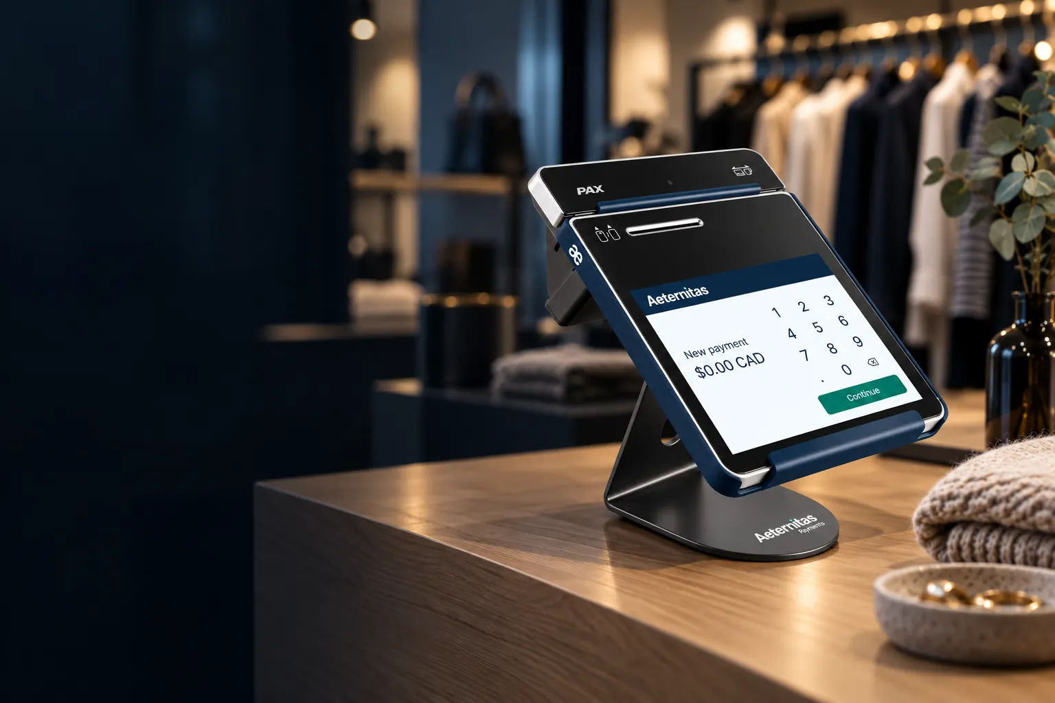 Un terminal-tablette PAX A3700 aux couleurs d’Aeternitas sur son support, au comptoir d’une boutique.