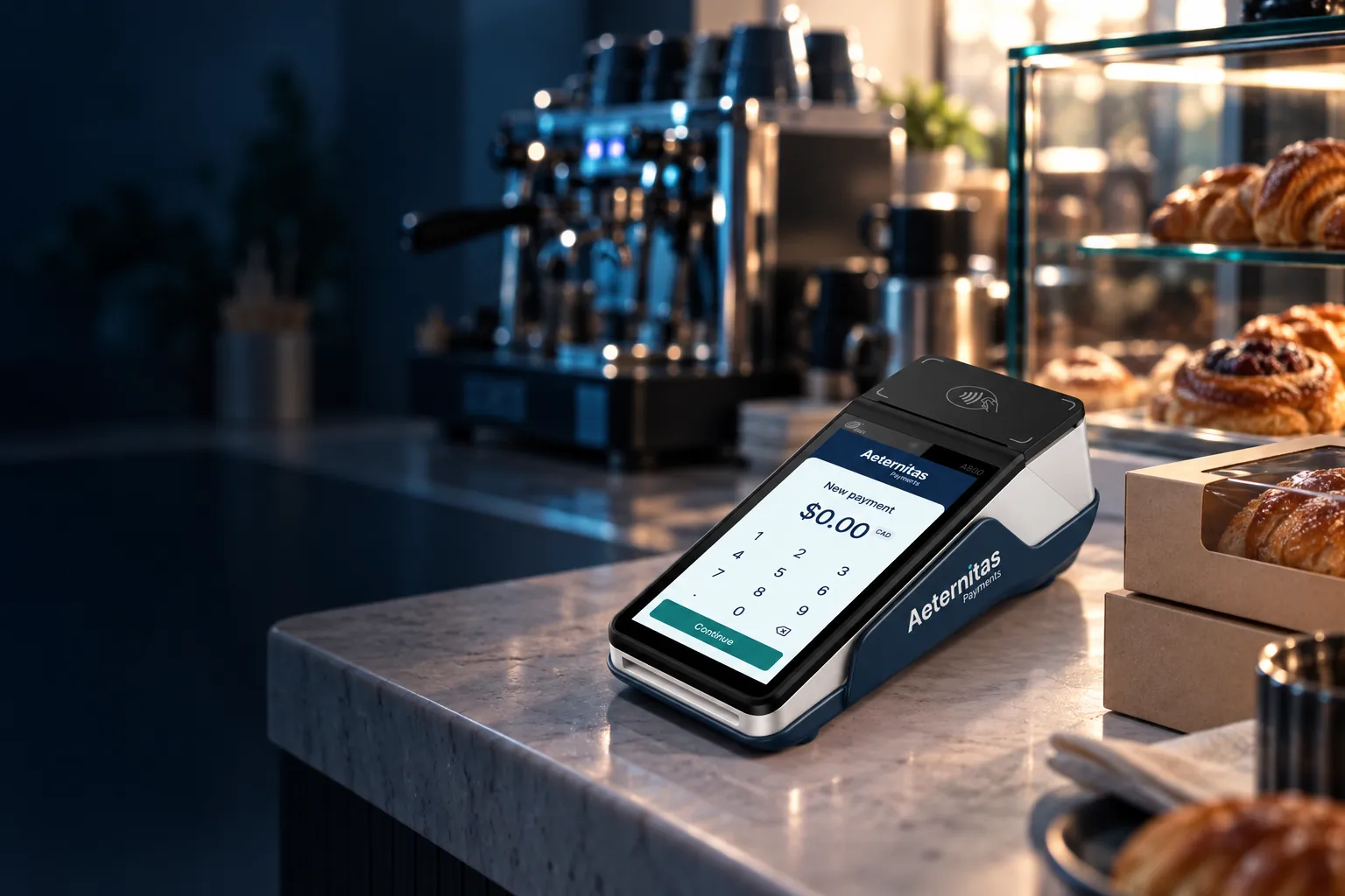 Un terminal de comptoir PAX A800 aux couleurs d’Aeternitas sur le comptoir d’un café, près de viennoiseries et d’une machine à espresso.