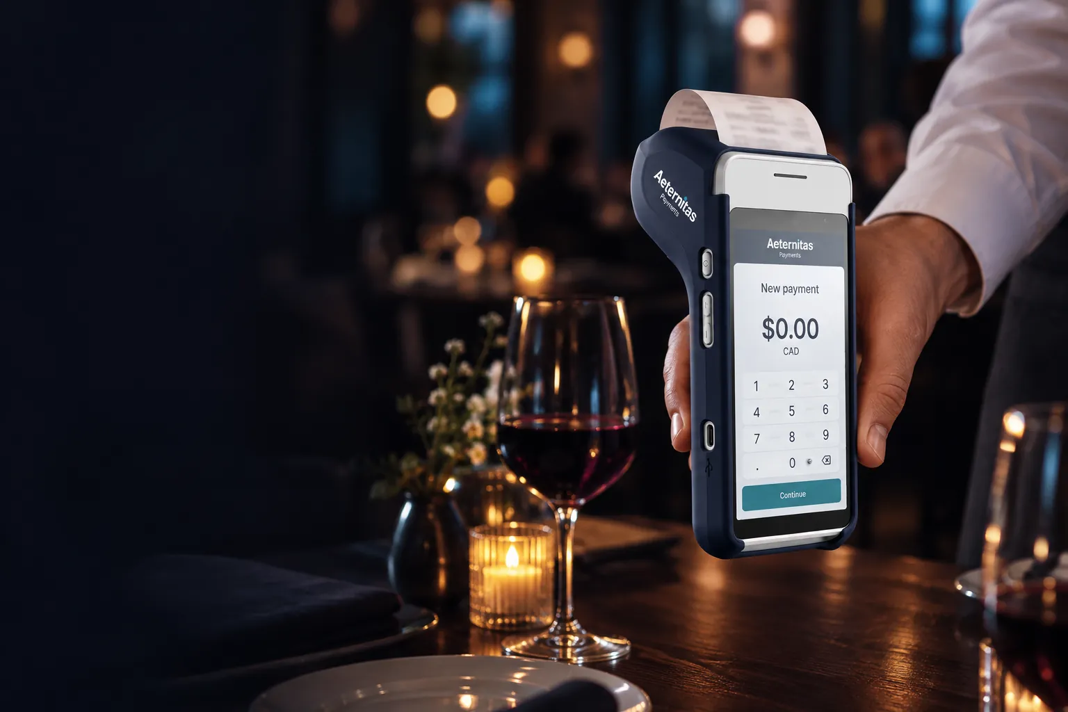 Un serveur tient un terminal portatif PAX A920Pro aux couleurs d’Aeternitas au-dessus d’une table de restaurant éclairée à la chandelle.