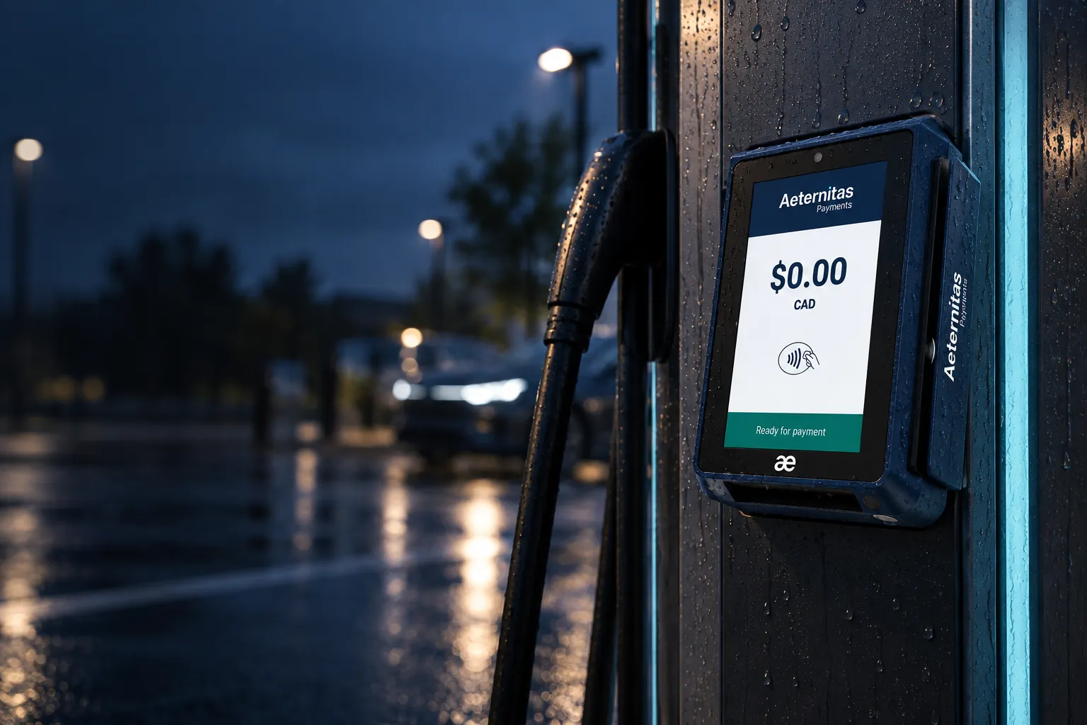 Un module de paiement PAX IM30 aux couleurs d’Aeternitas intégré à une borne de recharge pour véhicules électriques, la nuit.