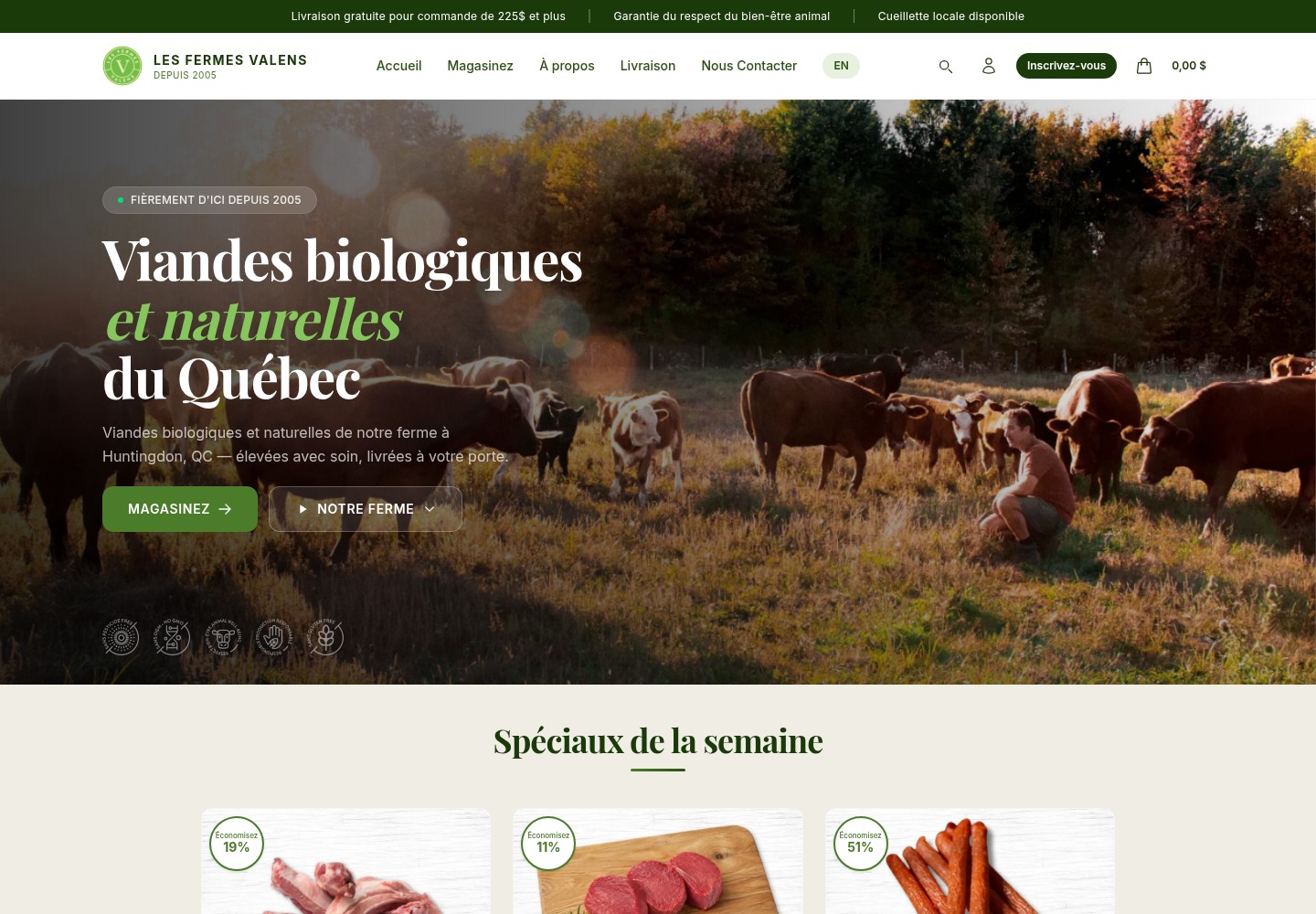 La boutique en ligne française des Fermes Valens sur ordinateur, avec des photos de la ferme, la navigation par produits et les offres d’épicerie