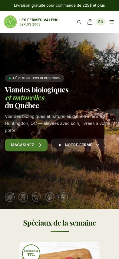 La boutique en ligne des Fermes Valens adaptée à un écran de la taille d’un iPhone, avec un menu de navigation compact et un en-tête lisible